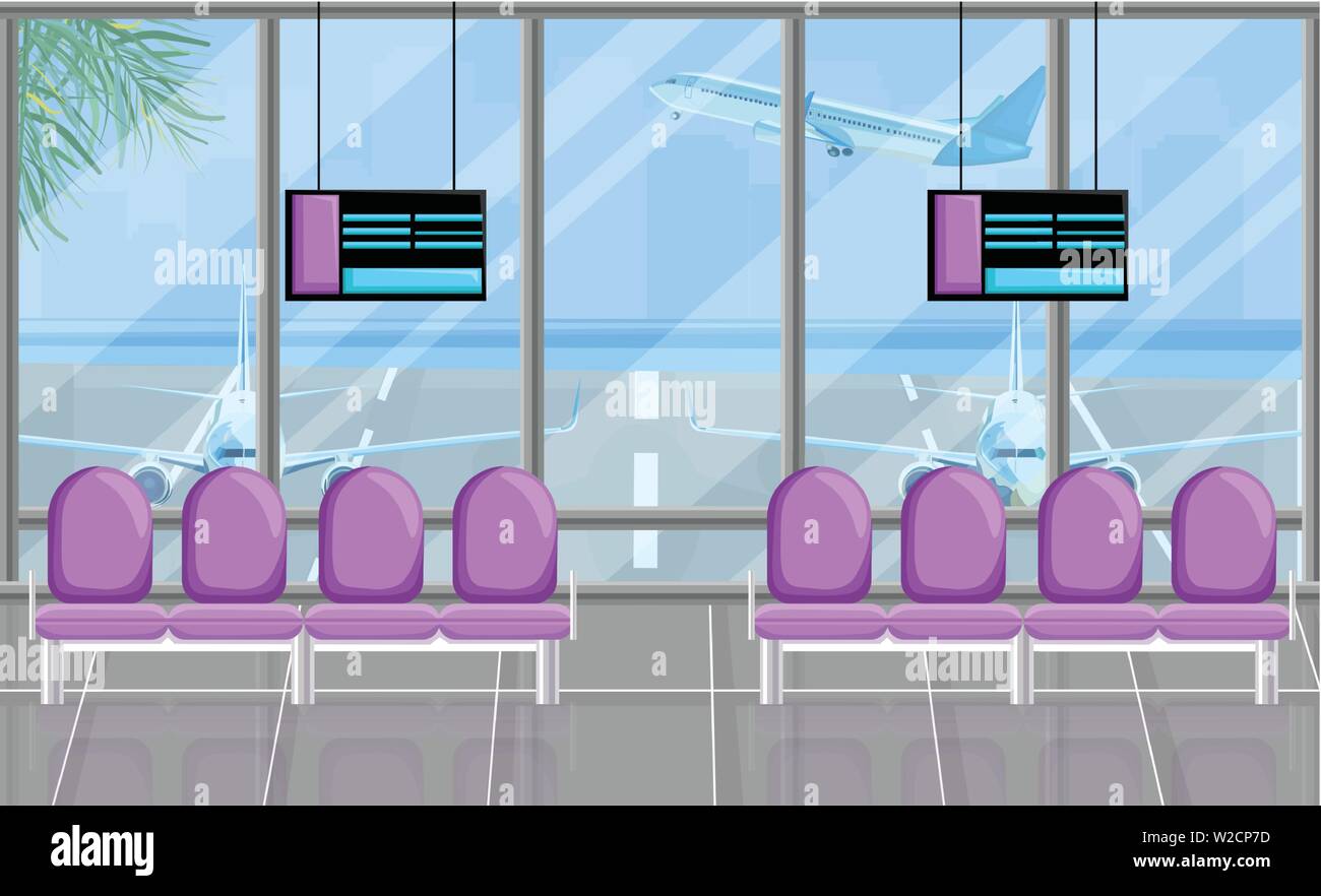 Airport waiting room at the gates with screen Vector flat style. Airplane view. Tourism travel concept background Stock Vector