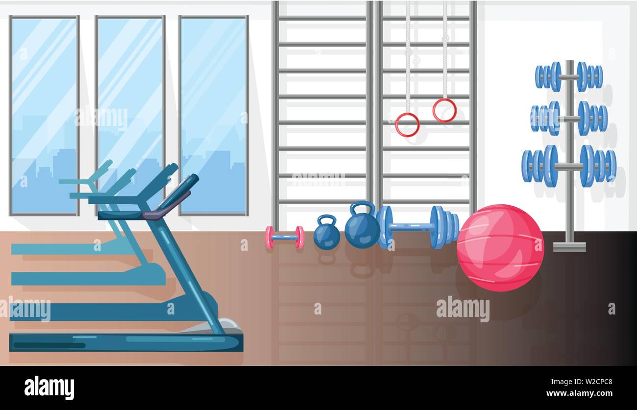 Fitness room with treadmill and sport equipment Vector flat style Stock ...