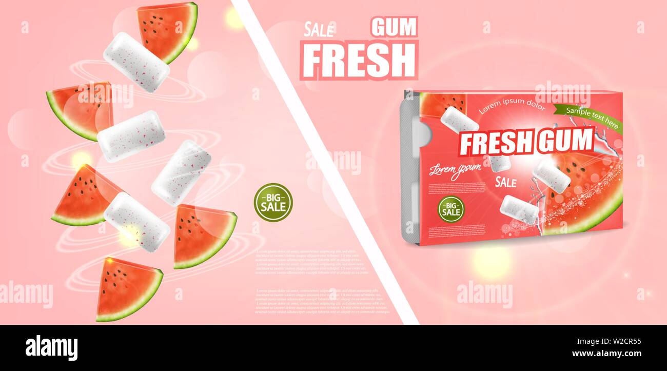 Watermelon chewing gum Vector realistic. Advertise template mock up. Product placement detailed