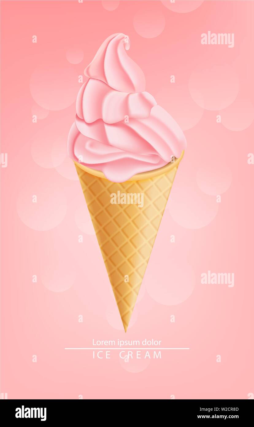 Strawberry ice cream cone Vector realistic. Swirled smooth creamy