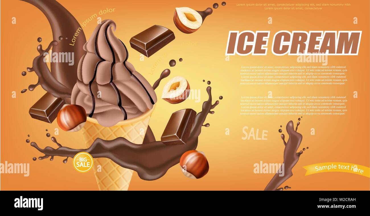 Chocolate ice cream cone Vector realistic. Dark chocolate splash and