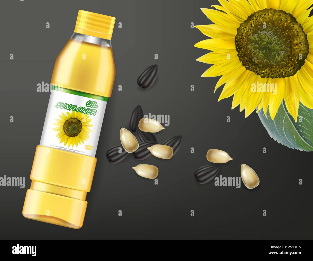 Sunflower seeds oil Vector realistic mock up. Product placement label design. Dark background