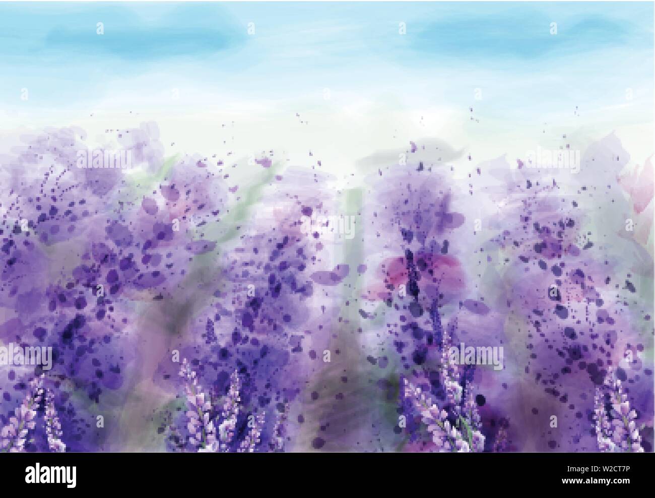 Lavender field Vector watercolor. Provence vintage background. Beautiful flowers painted style Stock Vector