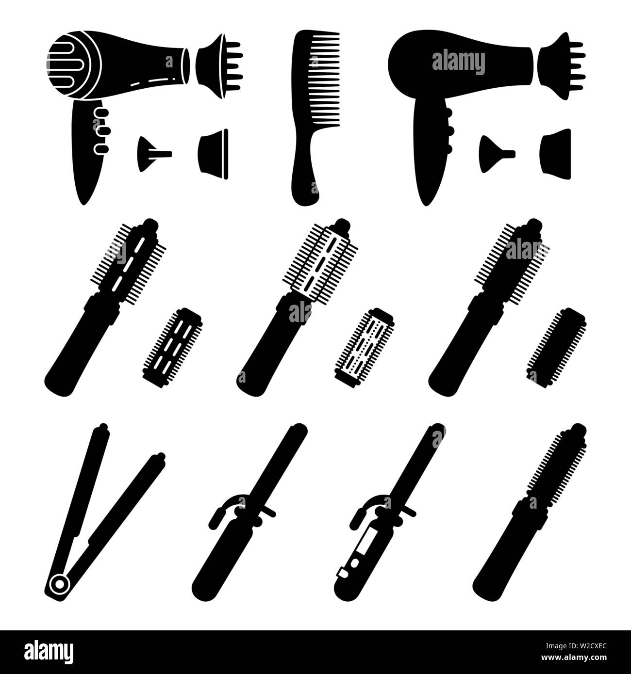 Black white electric hairdresser tool silhouette set Stock Vector