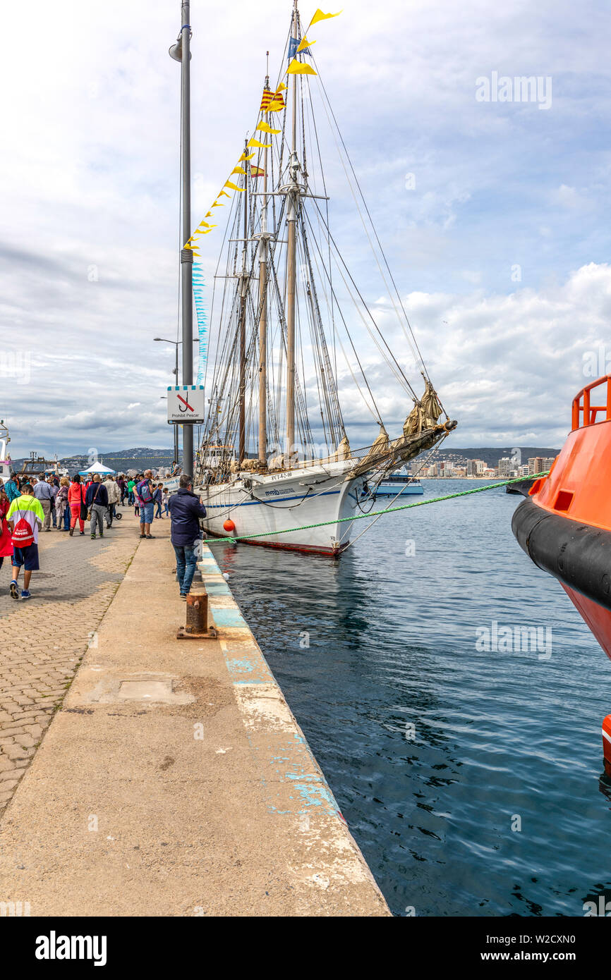 Tall Ship on display to the public during a marine festival at Palamos harbour, Spain Stock Photo