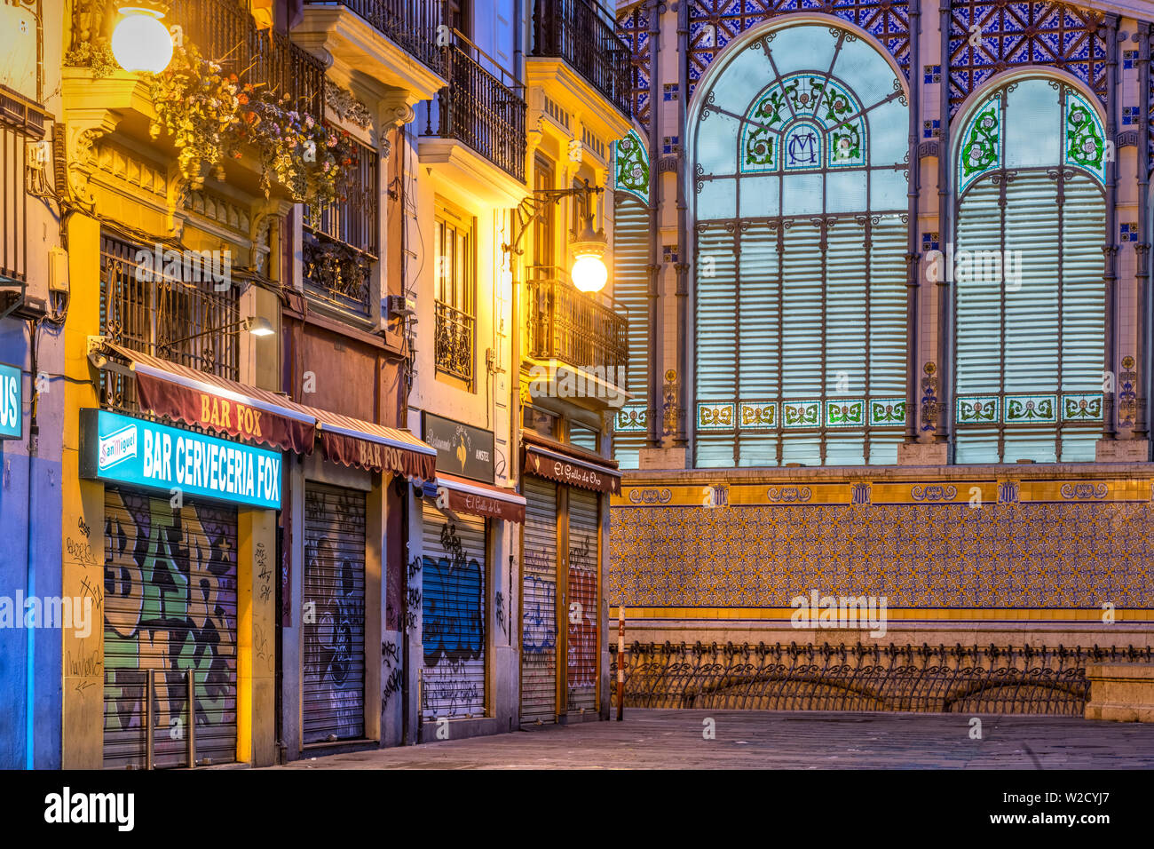 Old town’s street by night, Valencia, Comunidad Valenciana, Spain Stock Photo