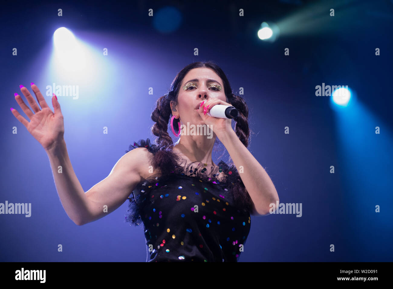 Turku, Finland. 7th July 2019. Welsh singer songwriter Marina performs at the 50th Ruisrock Festival. (Photo: Stefan Crämer) Stock Photo