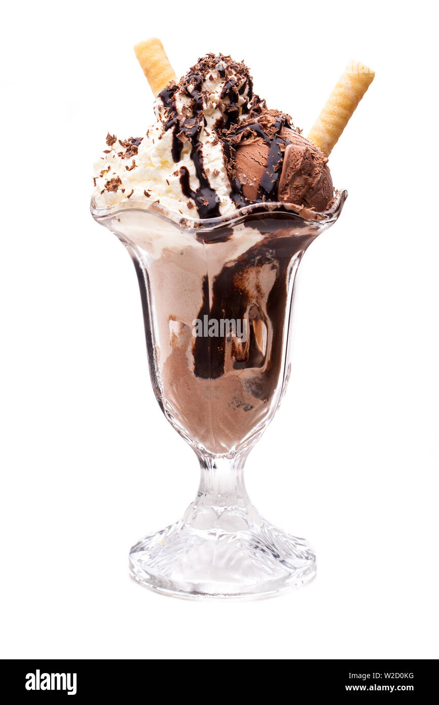 ice cream sundae: A bowl of chocolate ice cream with waffles and chocolate sauce Stock Photo