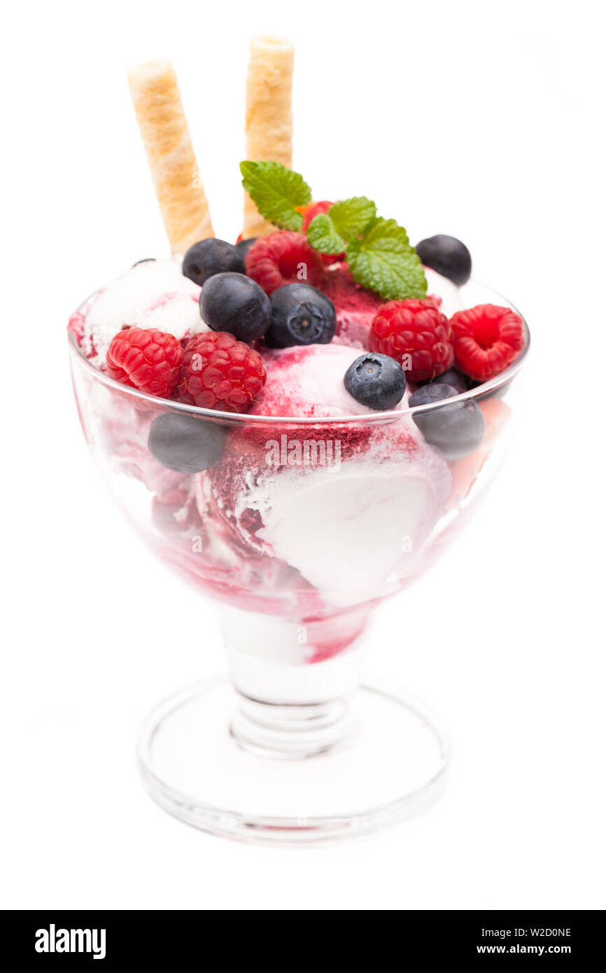 ice cream sundae: ice cream sundae with various wild berries isolated on white background Stock Photo