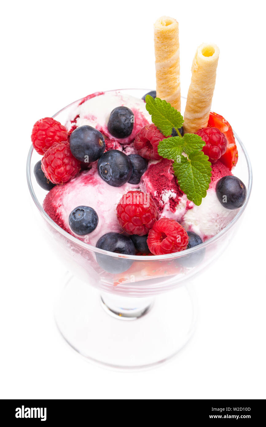 ice cream sundae: a real edible fruit ice cream sundae from above on white background Stock Photo
