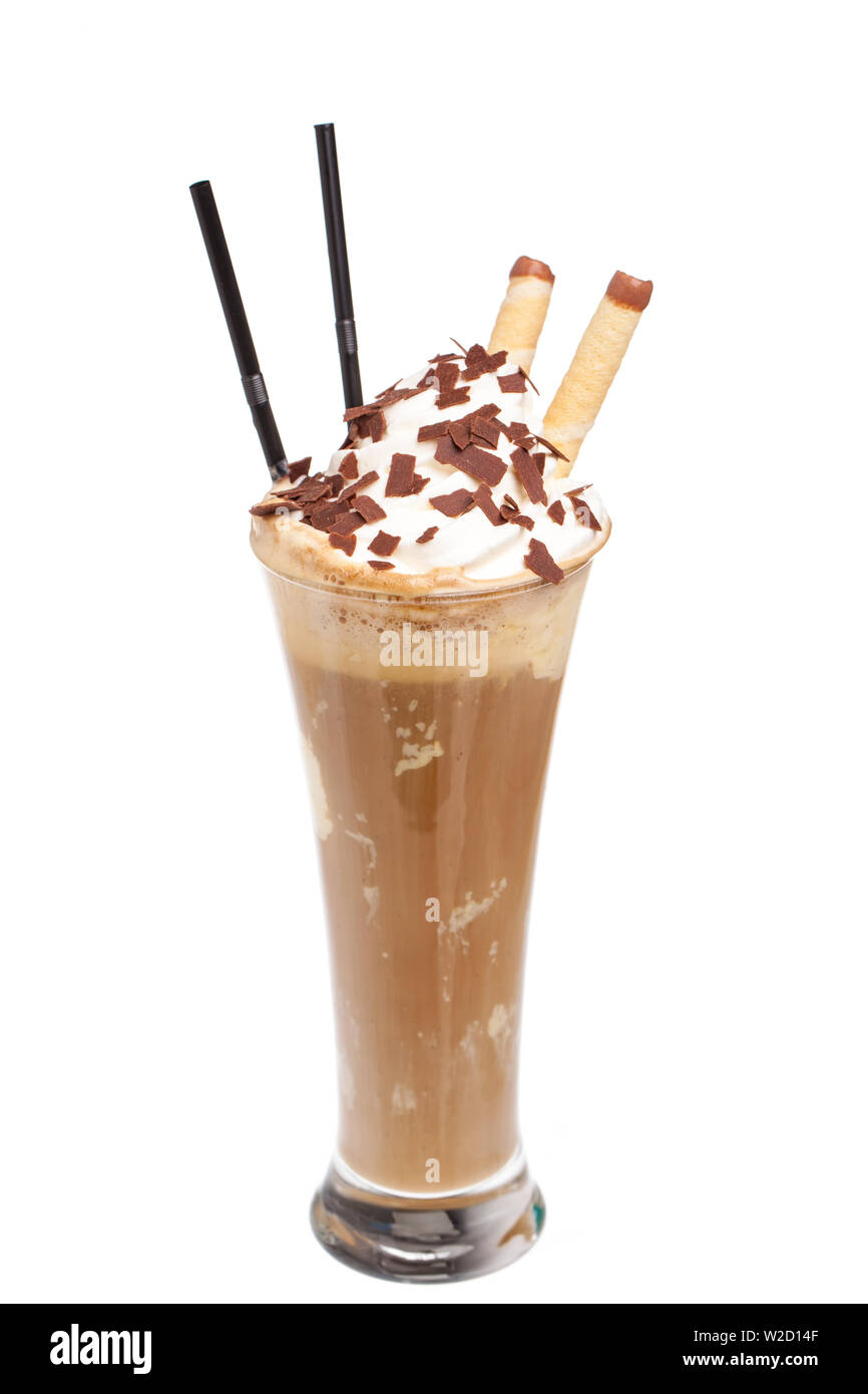 ice cream sundae a iced coffee with cream against a white background