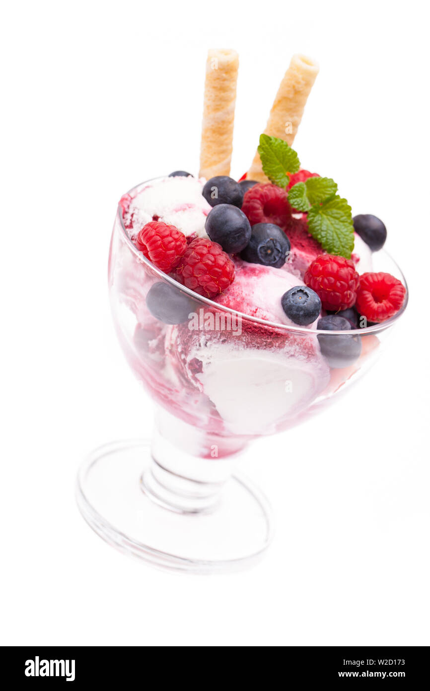 ice cream sundae: single wild berry ice cream sundae isolated on white background Stock Photo