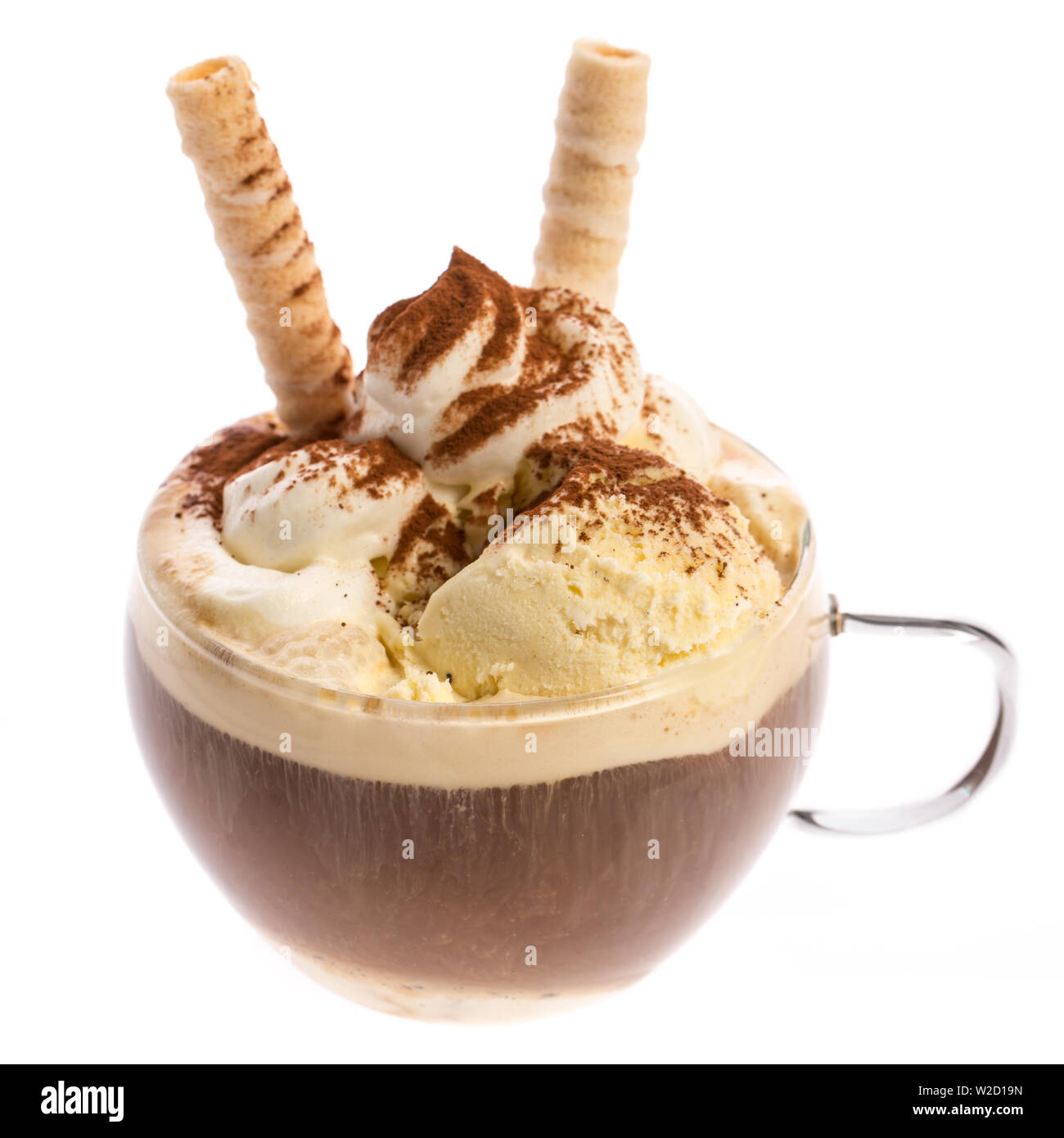 ice cream sundae: Iced Coffee: Hot coffee and ice cream isolated on white background Stock Photo