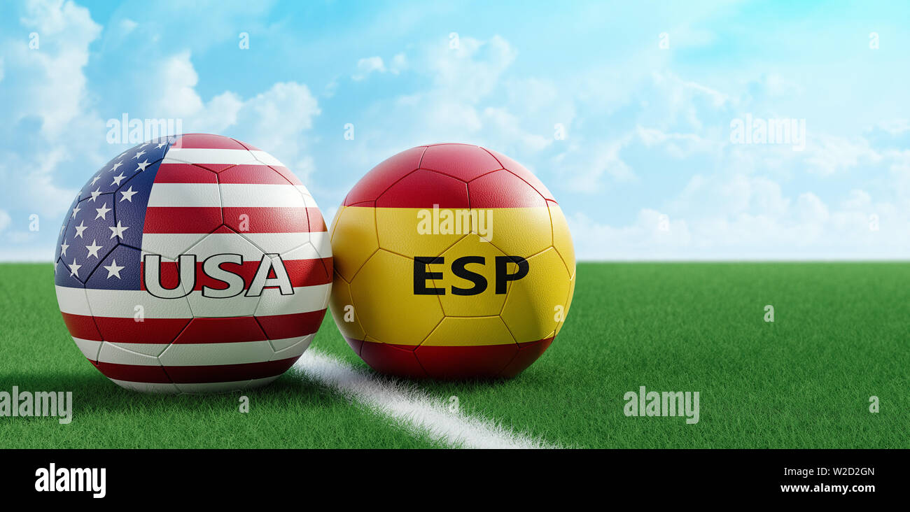 Spain Vs Usa Soccer Match Soccer Balls In Spain And Usa National Colors On A Soccer Field Copy Space On The Right Side 3d Rendering Stock Photo Alamy