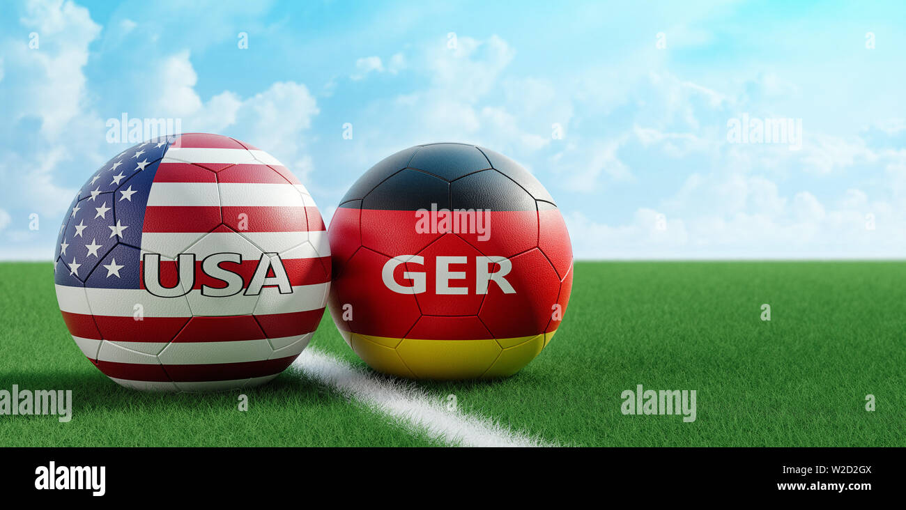Germany vs. USA Soccer Match Soccer balls in Germany and USA national colors on a soccer field