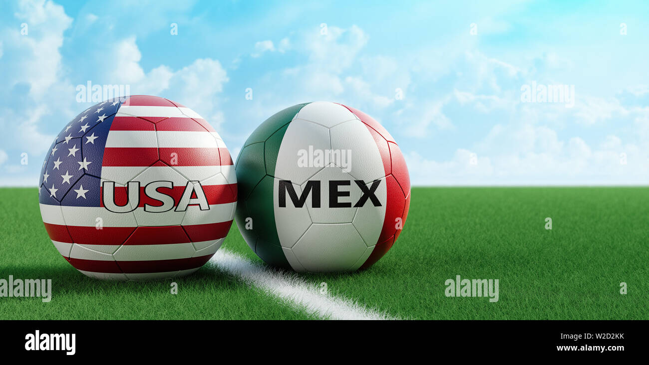 Mexico vs. USA Soccer Match Soccer balls in Mexico and USA national colors on a soccer field