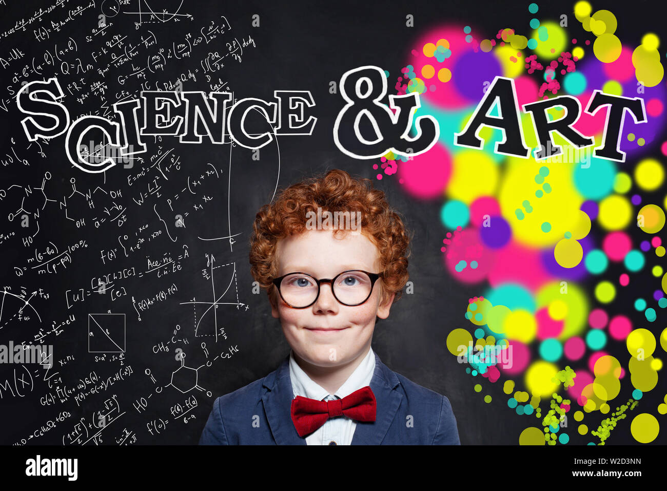 Smart child boy in suit and glasses on science and arts occupations pattern background Stock Photo