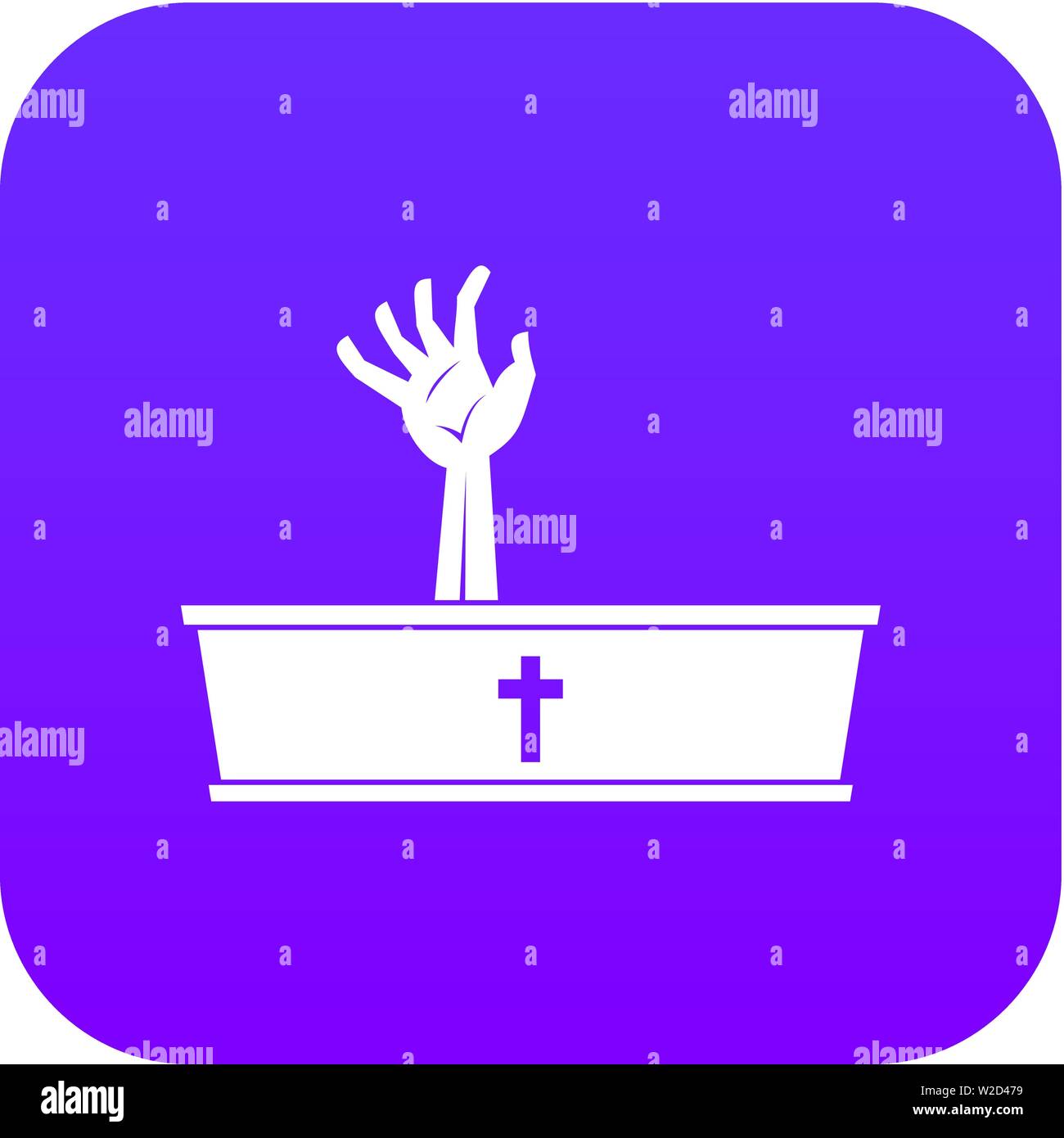 Zombie hand coming out of his coffin icon digital purple Stock Vector