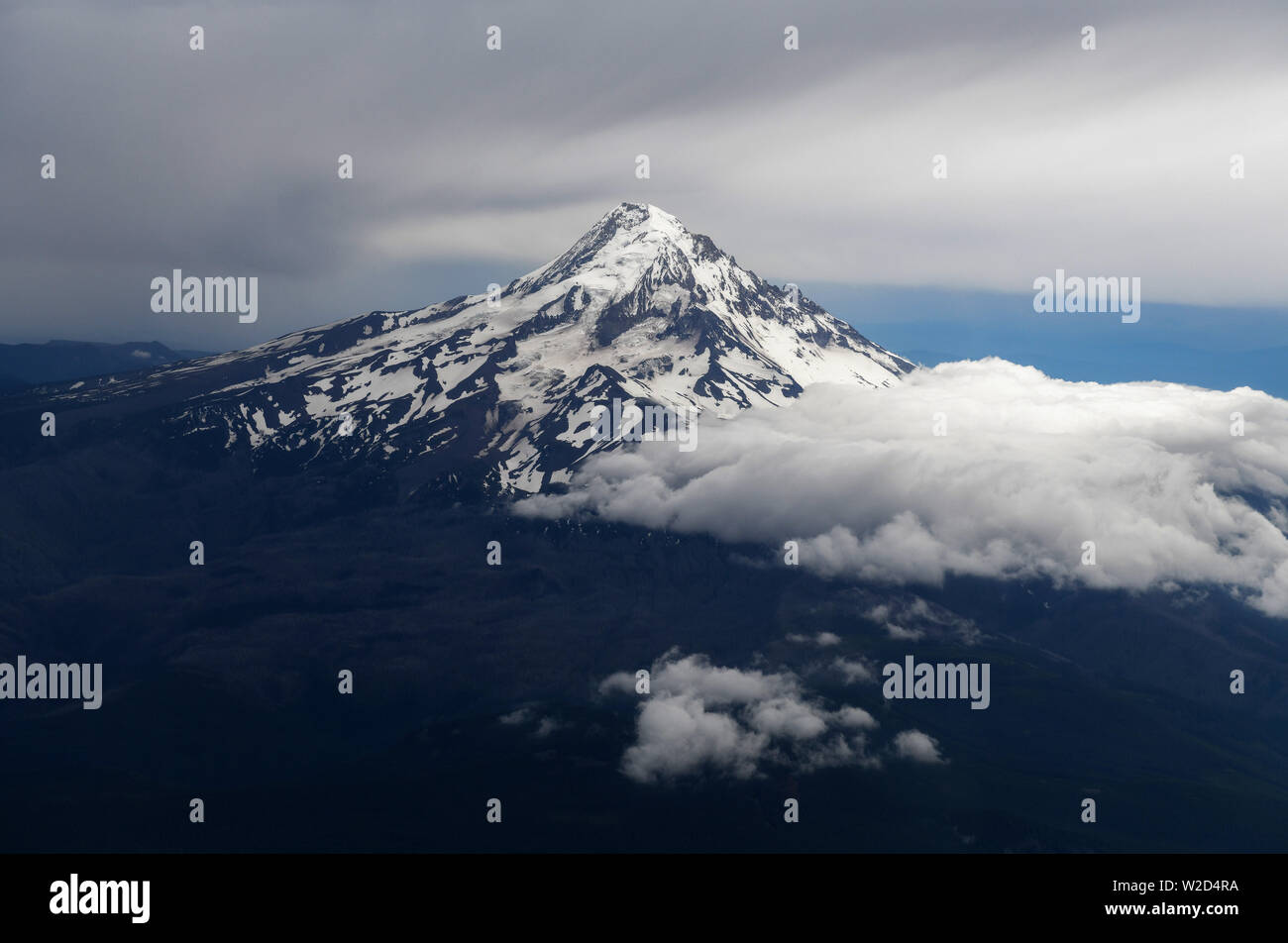 Aerial view of Mount Hood, a volcano in the Cascade Mountains Stock