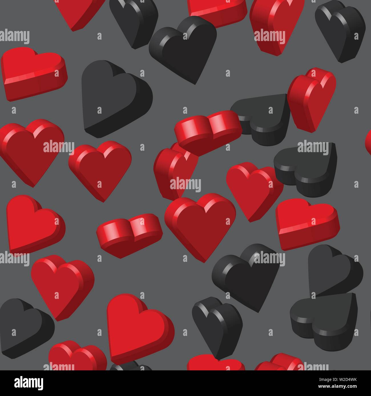Black Red Colors Hearts Seamless Pattern, 3D Illustration Stock Vector