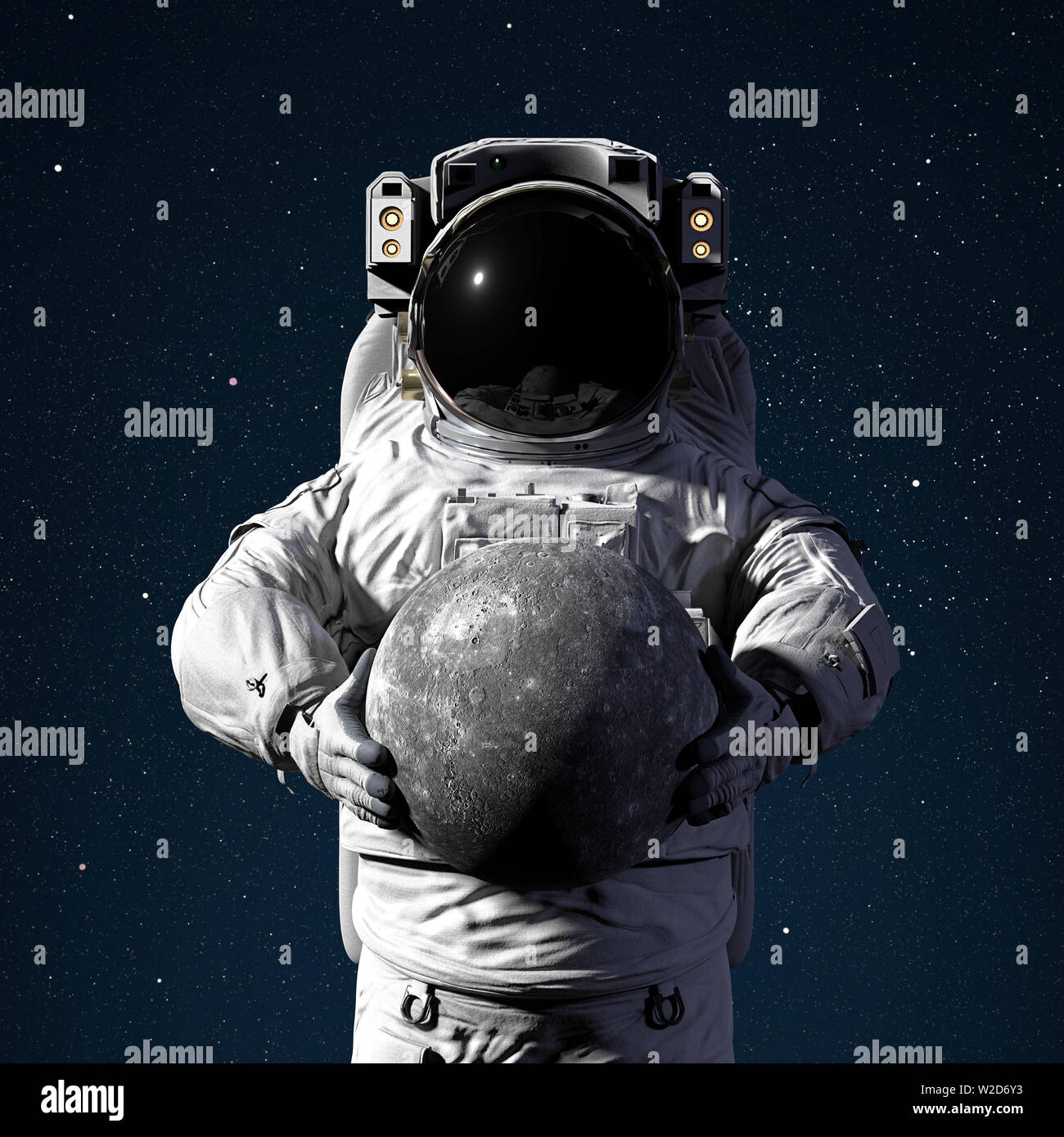 astronaut holding planet Mercury, world of the solar system (3d space illustration, elements of this image are furnished by NASA) Stock Photo