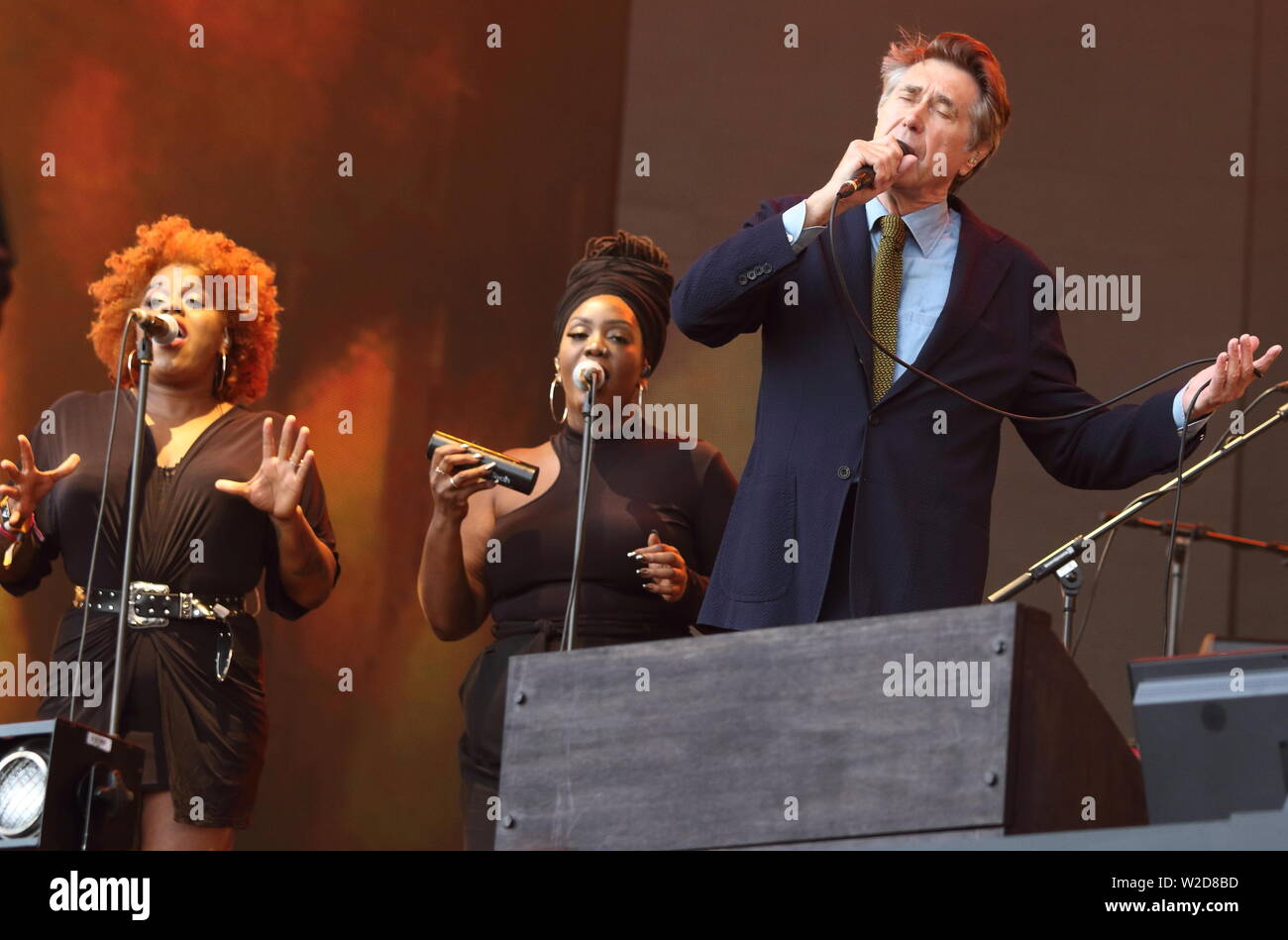 Bryan Ferry performs live on stage at the Hyde Park during the 3rd day of a British Summertime festival in London. Stock Photo