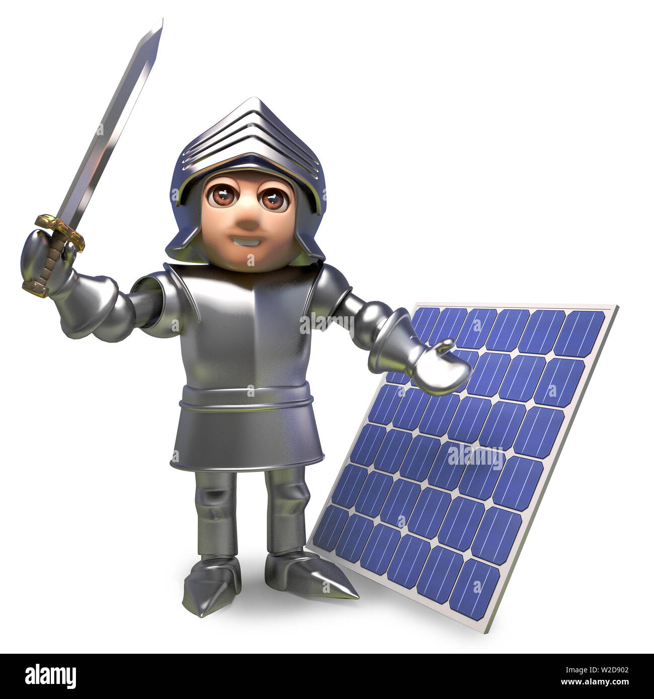 Forward thinking medieval knight in armour has invested in a solar panel, 3d illustration render Stock Photo