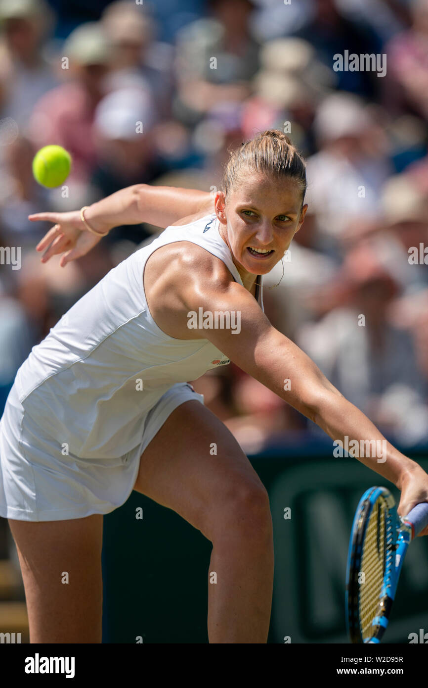 Karolina Pliskova of Czech Republic playing single handed backhand against Kiki Bertens of Netherlands at Nature Valley International 2019, Devonshire Stock Photo