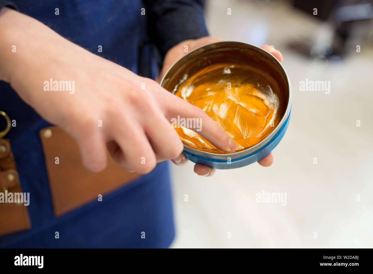 Hairstylist S Hands With Hair Styling Wax Stock Photo 259678374