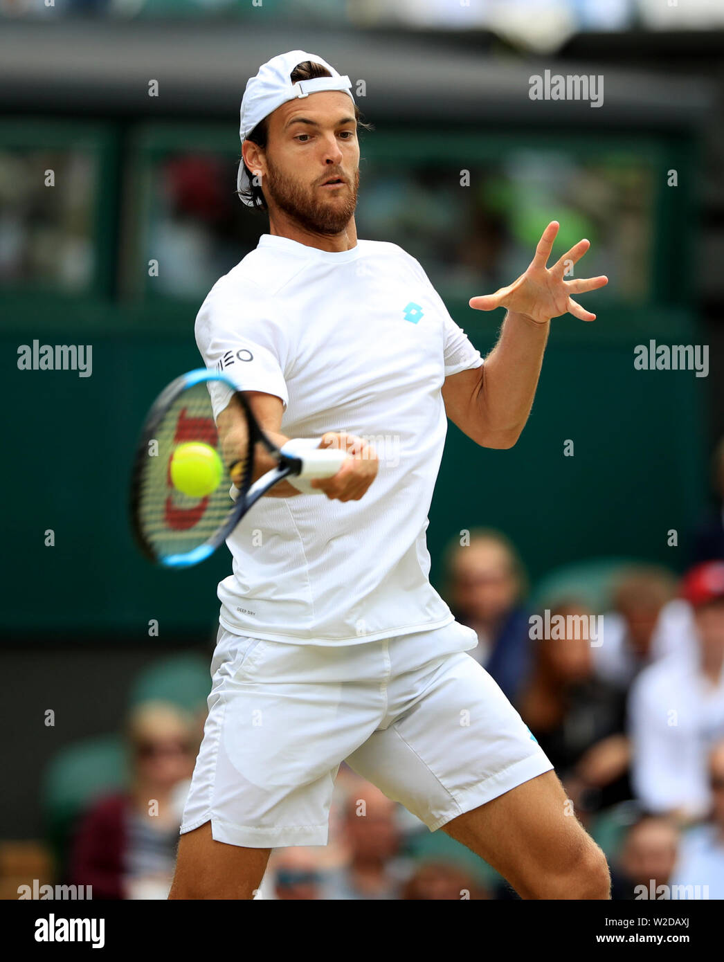 Joao Sousa In Action Against Rafael Nadal On Day Seven Of The Wimbledon Championships At The All England Lawn Tennis And Croquet Club Wimbledon Stock Photo Alamy