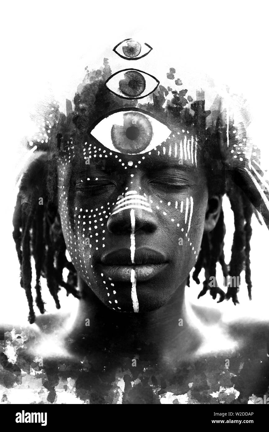 Paintography. Double exposure of African man with traditional style face  paint dissolving behind black ink painting of three eyes Stock Photo - Alamy