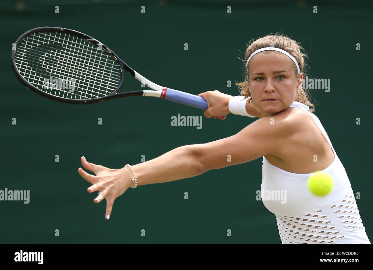 Karolina Muchova during her round of 16 match against Karolina Pliskova on  court 2 on day seven of the Wimbledon Championships at the All England Lawn  Tennis and Croquet Club, London Stock