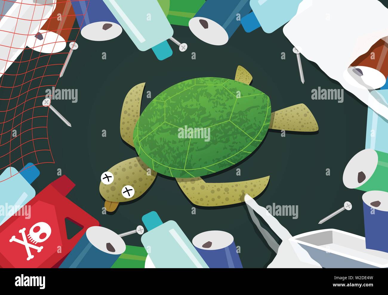 Dead turtle in pile of garbage at ocean pollution, vector Stock Vector