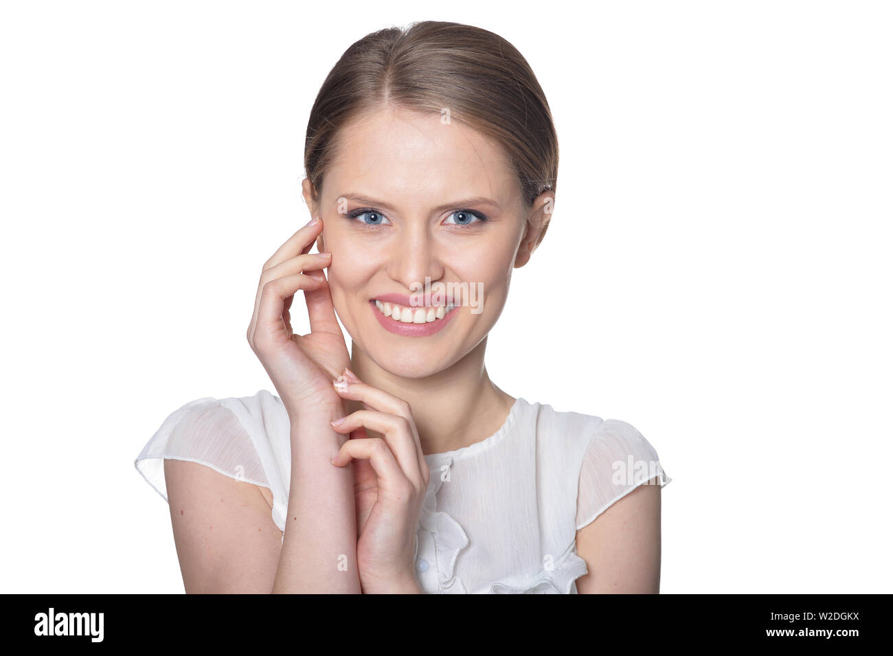 Portrait of beautiful young woman isolated on white background Stock ...