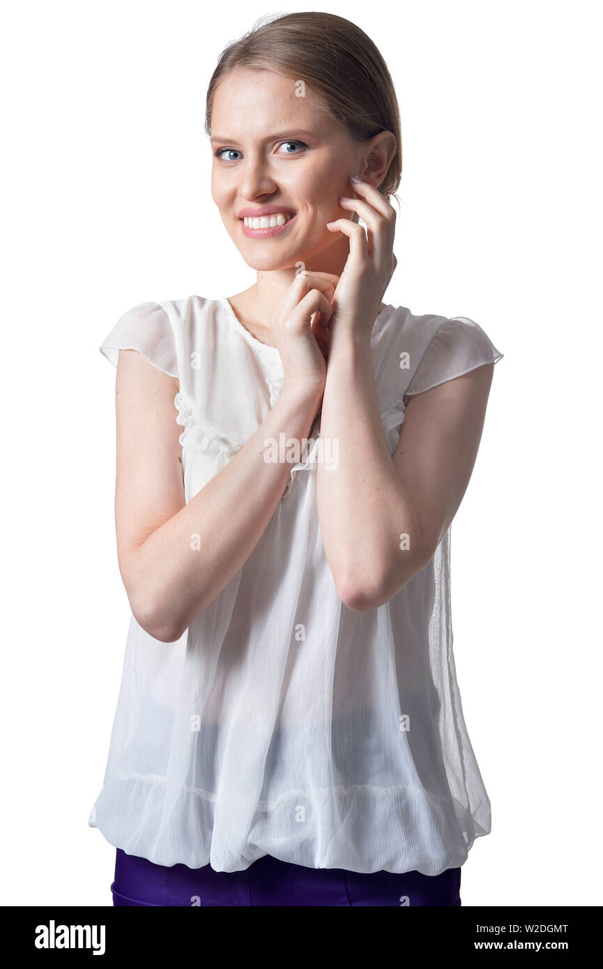 Portrait of beautiful young woman isolated on white background Stock ...