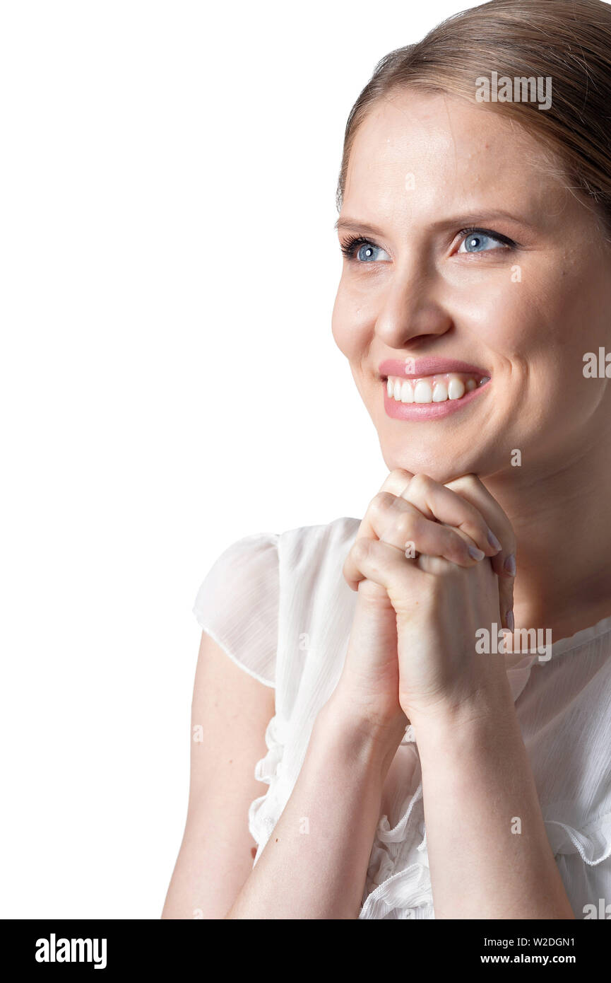 Portrait of beautiful young woman isolated on white background Stock ...