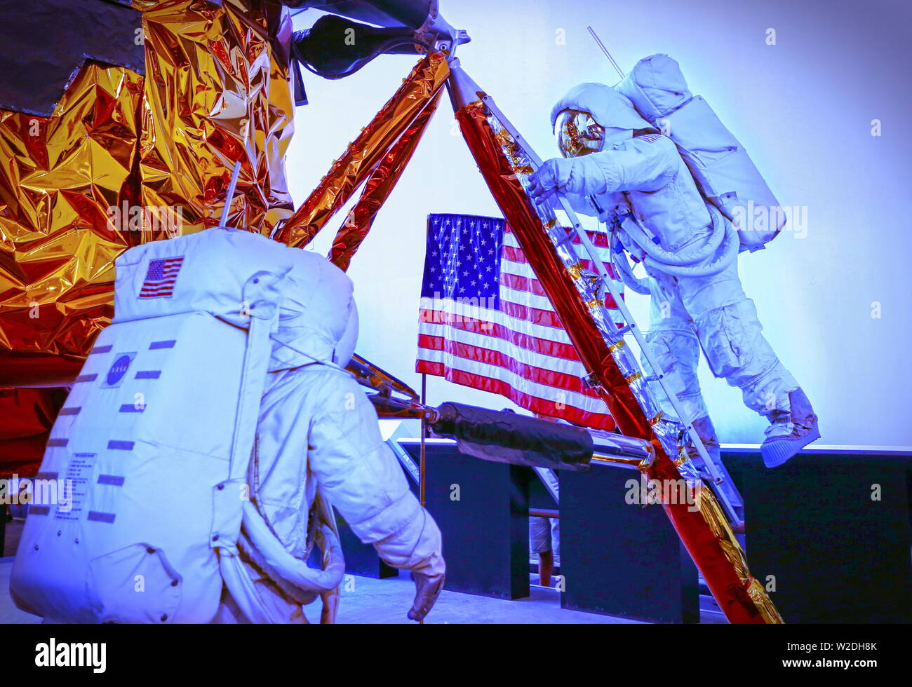 Washington DC, USA; August 2015: A scene of the famous Apollo program, two mannequins astronauts exiting their Lunar lander and walking on the Moon, a Stock Photo