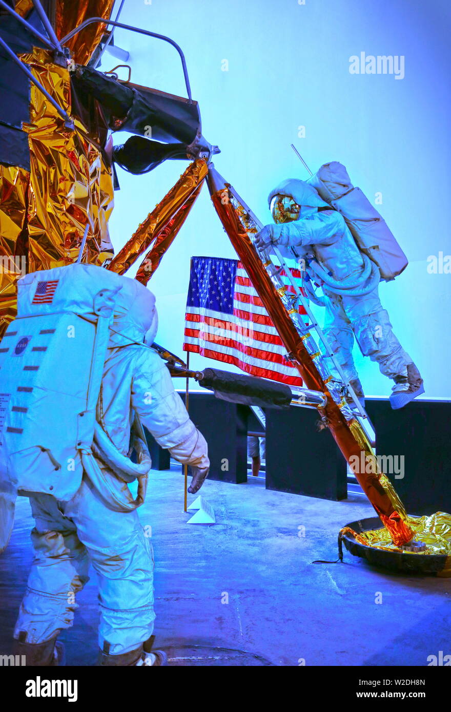 Washington DC, USA; August 2015: A scene of the famous Apollo program, two mannequins astronauts exiting their Lunar lander and walking on the Moon, a Stock Photo
