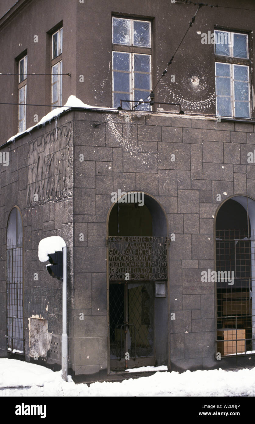 28th March 1993 During the Siege of Sarajevo: the Museum of Sarajevo 1878–1918. The stone plaque, marking the spot where the Bosnian Serb, Gavrilo Princip, assassinated Archduke Franz Ferdinand on 28th June 1914, has been forcibly removed. Stock Photo
