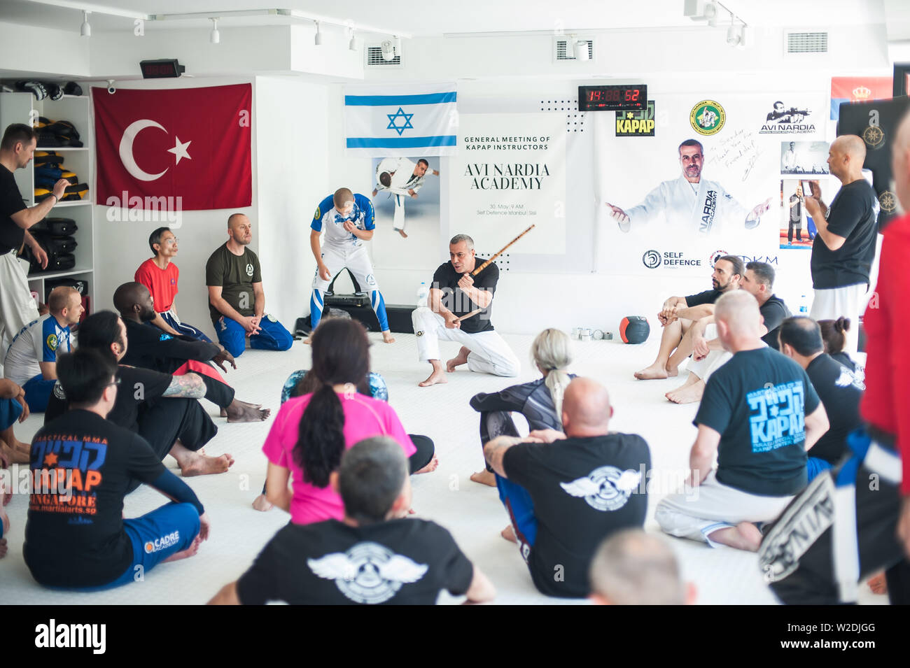 ISTANBUL, TURKEY - Maj 30 - Jun 02. 2019. Kapap instructor Avi Nardia demonstrate stick fighting to large group of his students on GENERAL MEETING OF Stock Photo