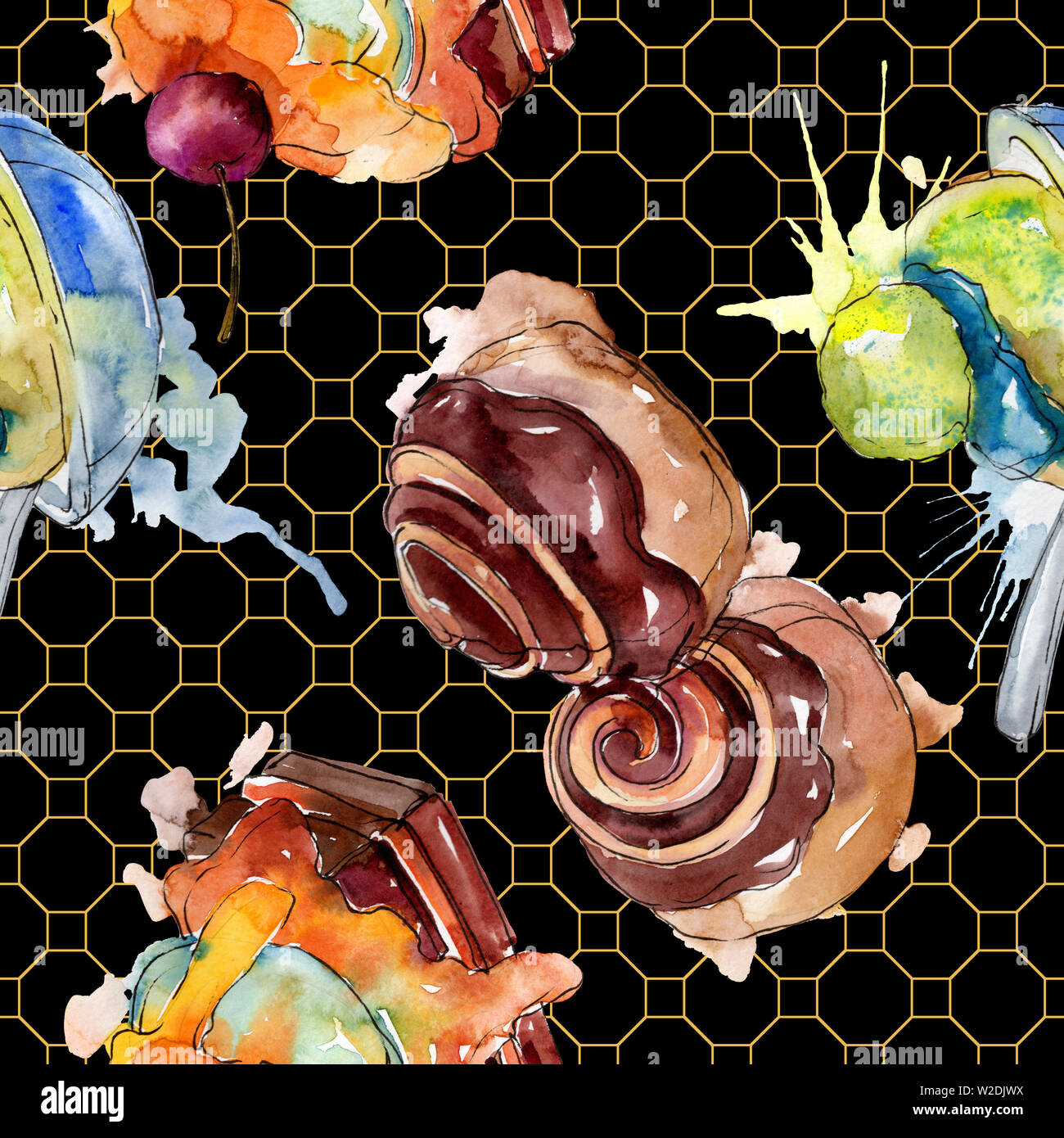 Tasty cake and bun sweet dessert. Watercolor background illustration ...