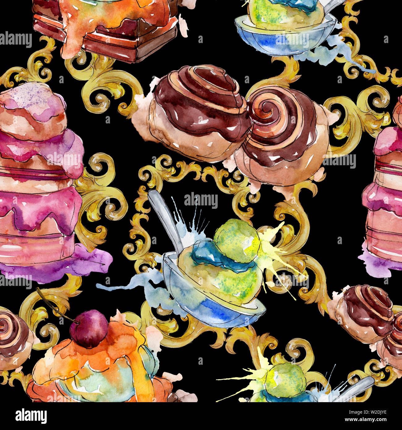 Tasty cake and bun sweet dessert. Watercolor background illustration ...