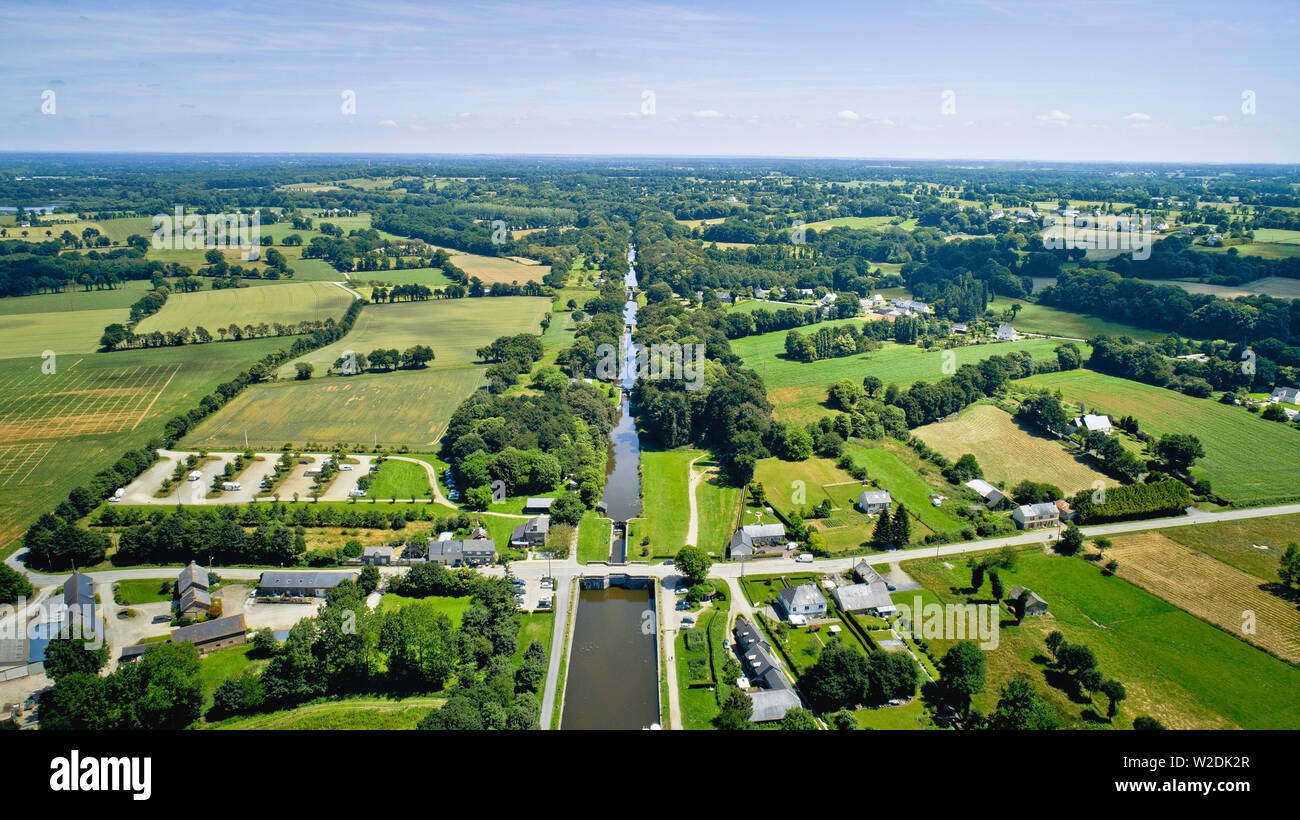 Aerial view of the Ille-et-Rance Canal in Hede (Brittany, north-western France). Site of “Les onze ecluses” (The Eleven Locks) Stock Photo