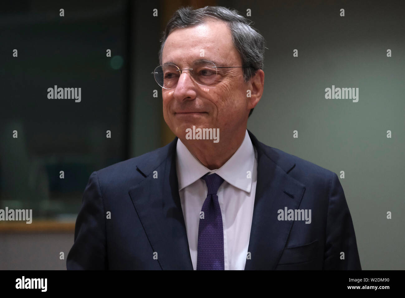 Brussels, Belgium. 8th July 2019. President of the European Central Bank, Mario Draghi  during the Eurogroup Finance Ministers' meeting. Credit: ALEXANDROS MICHAILIDIS/Alamy Live News Stock Photo