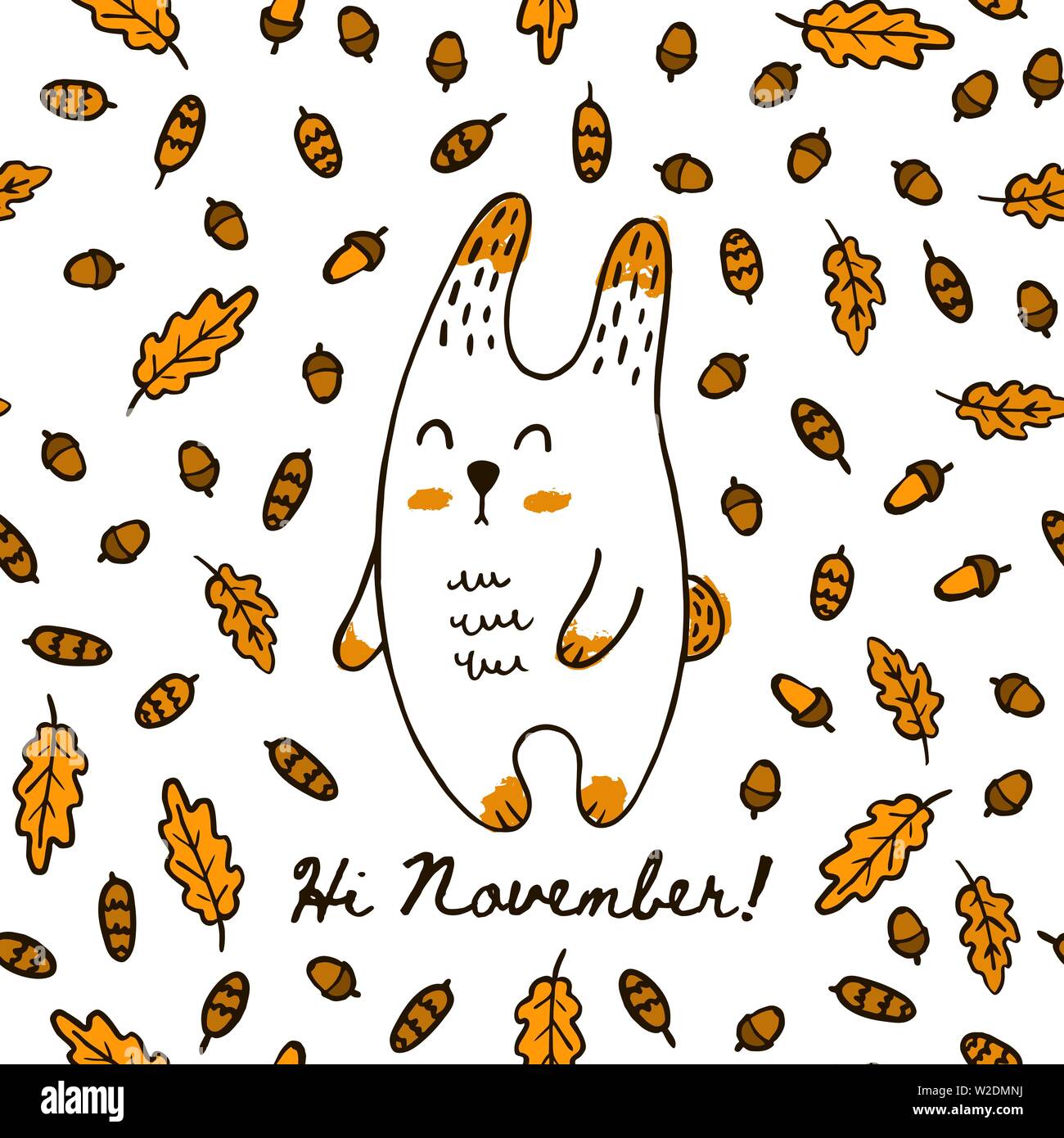 Cute Autumn Hand Draw rabbit On the Seamless Pattern Of Acorn leaves ...
