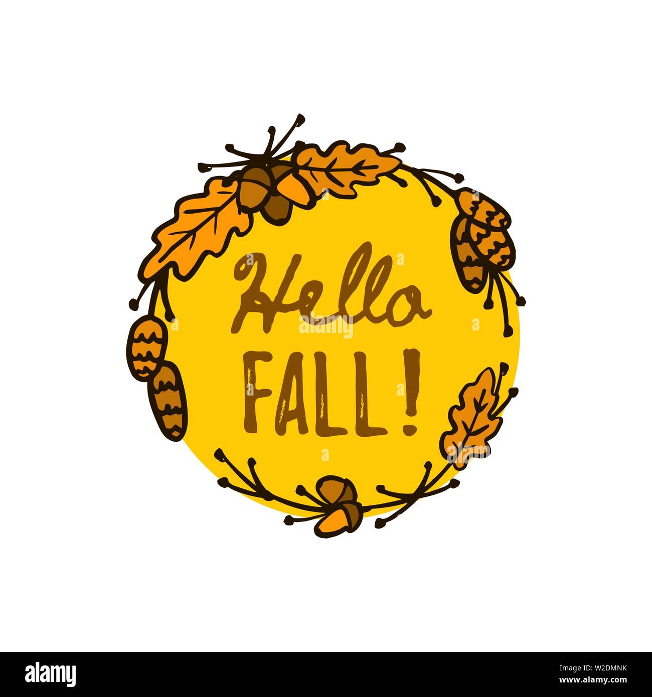 Autumn leaves Round Frame With the words Hello Autumn Vector Hand Draw ...