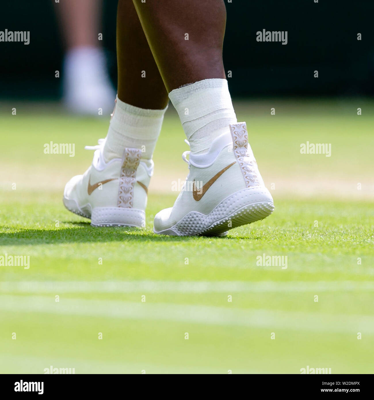 London, UK, 8th July 2019: Nike shoes from Serena Williams of USA during  the 4th round at day 8 at the Wimbledon Tennis Championships 2019 at the  All England Lawn Tennis and