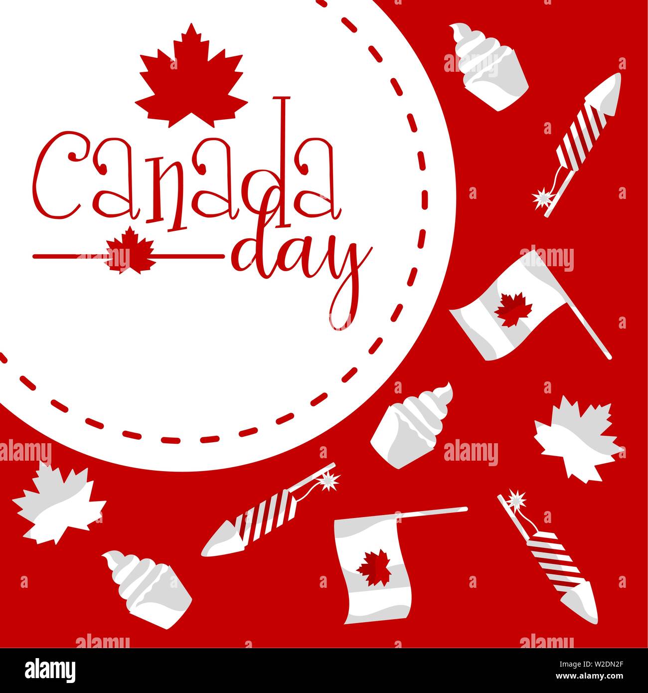 Canada day label on a red background with different object silhouettes - Vector Stock Vector