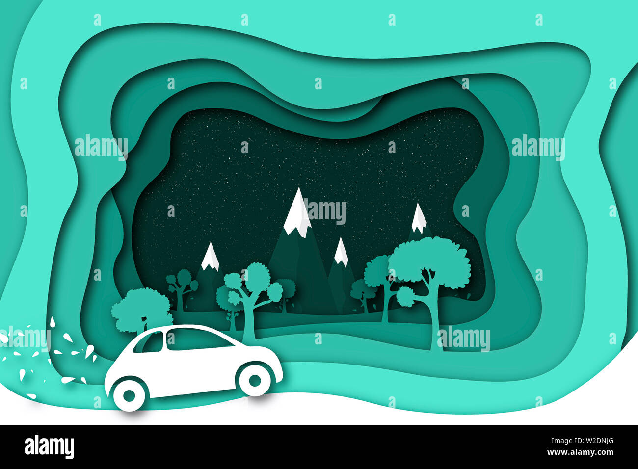 Concept of eco car with nature in paper art style . 3D illustration . Stock Photo