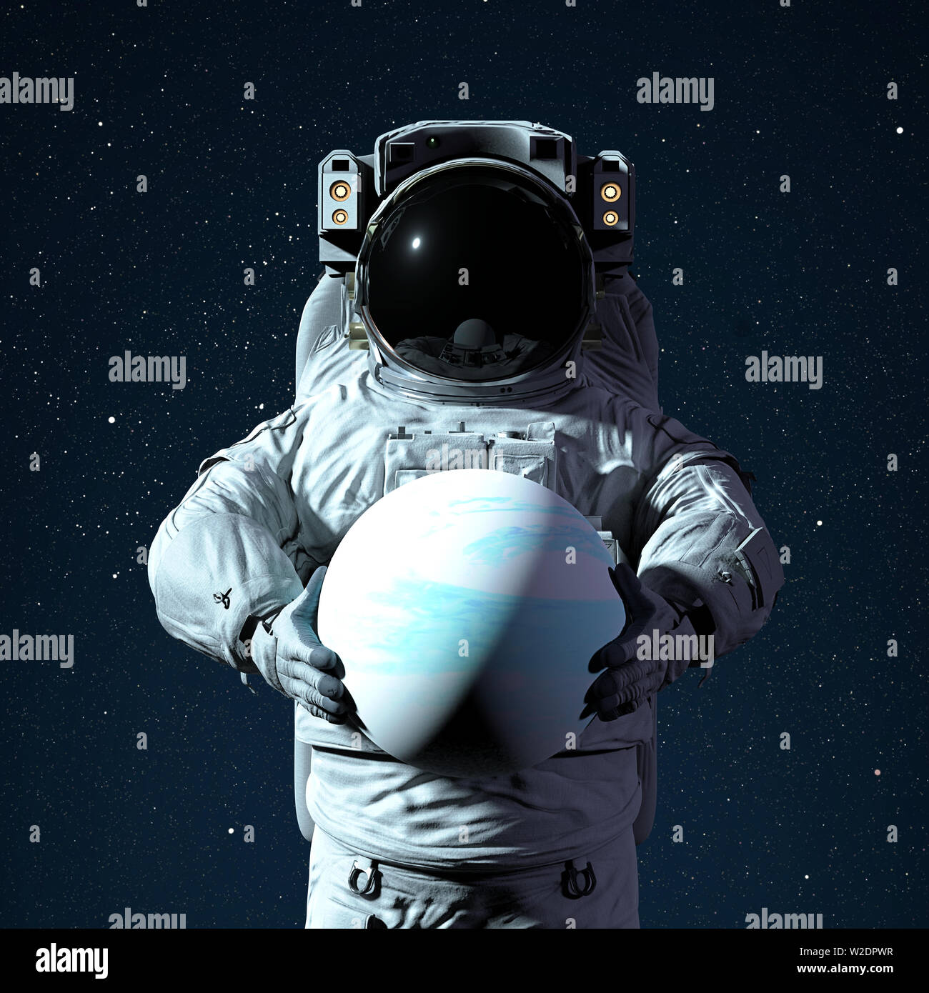 astronaut holding planet Uranus, world of the solar system (3d space illustration, elements of this image are furnished by NASA) Stock Photo